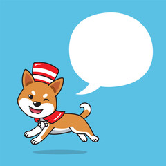 Fototapeta premium Cartoon shiba inu dog with christmas costume and speech bubble for design.