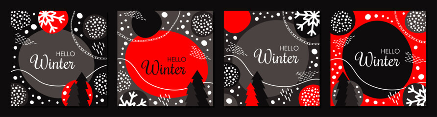 Set of Christmas Cover, Brochure, Magazine, red, black and white elegant square templates, flat modern designs, vector illustration - obrazy, fototapety, plakaty