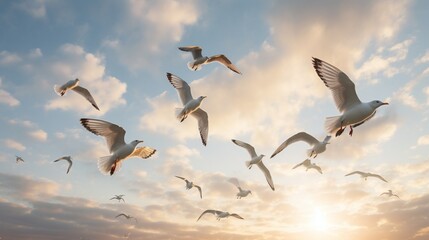 A flock of seagulls in mid-flight against a backdrop of a cloud-streaked sky.