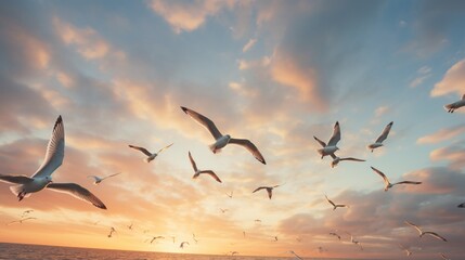 A flock of seagulls in mid-flight against a backdrop of a cloud-streaked sky. - obrazy, fototapety, plakaty