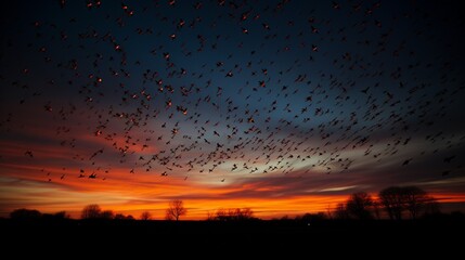 A flock of starlings, creating mesmerizing patterns in the evening sky.
