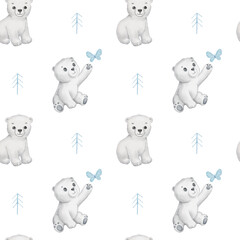 Seamless pattern with cute polar baby bear and butterfly. Watercolor cartoon hand drawn childish pattern for kids or newborn. Funny little animal on white background