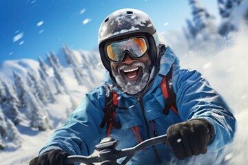 An exuberant African American individual in a snowy winter setting, wearing ski goggles.