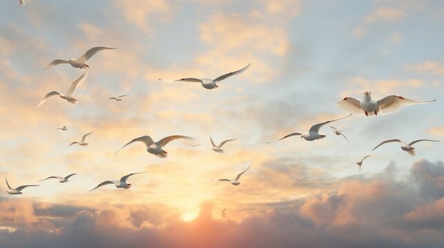 A flock of seagulls in mid-flight against a backdrop of a cloud-streaked sky.