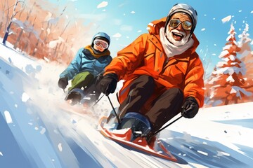 In their vibrant red clothing and knitted hats, an elderly African American couple takes full advantage of the sunny weather on a snowy slope.