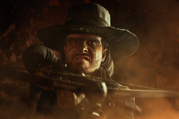 cowboy with crossbow - obrazy, fototapety, plakaty