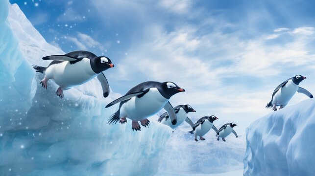 A group of playful penguins sliding down an icy slope in synchronized motion.