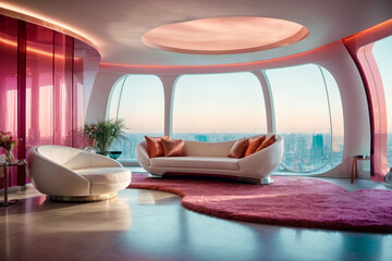 futuristic luxury interior of Living Room of apartment with a panoramic view concept design - obrazy, fototapety, plakaty