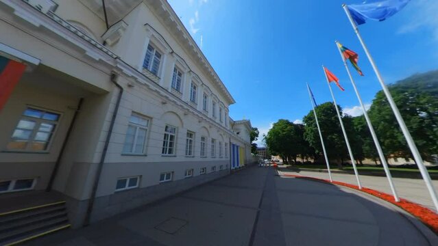Historical Presidential Palace of the Republic of Lithuania. Wide Angle Slow Motion Footage.