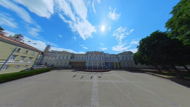 Historical Presidential Palace of the Republic of Lithuania. Wide Angle Slow Motion Backwards Shot.