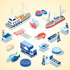 fishing production color set delivery transport fresh salt fish products canned red caviar shrimps blue background isometric vector illustration - obrazy, fototapety, plakaty