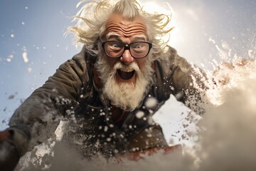 Portrait of a cheerful elderly man, his silver hair and beard blowing in the wind as he sleds down a snow-covered mountain on a bright day. The snowy hillside stretches under the blue sky. - obrazy, fototapety, plakaty