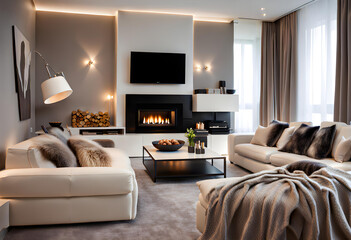 Luxurious, modern and stylish living room with fireplace and TV.