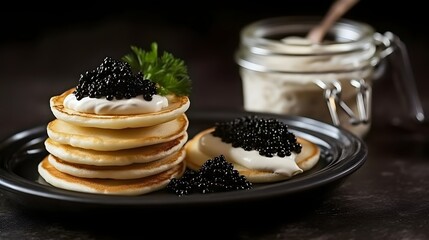 Black sturgeon caviar on small pancakes blinis with sour cream and a glass jar with caviar on a slate