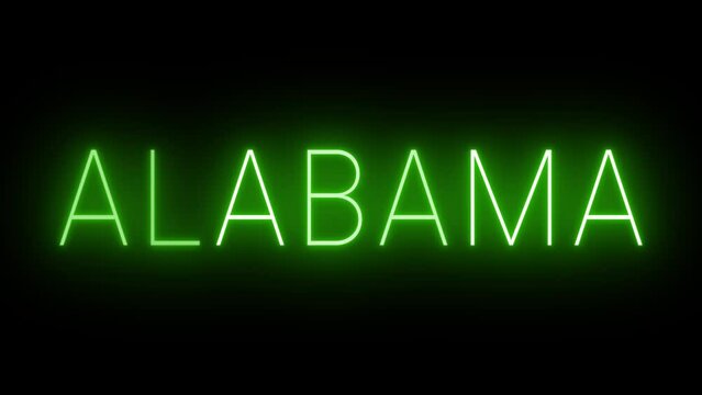 Glowing and blinking green retro neon sign for ALABAMA