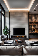 Luxurious, modern and stylish living room with fireplace and TV. - obrazy, fototapety, plakaty