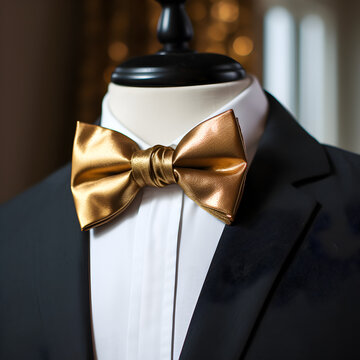 Gold bow tie on tuxedo displayed on a Mannequin 