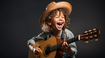 A joyful child playing guitar is isolated on a clean studio background with copy space. Creative banner for children's music school