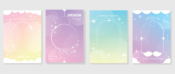 Merry christmas concept posters set. Cute gradient holographic background vector with pastel color, snowfall, santa, bell. Art trendy wallpaper design for social media, card, banner, flyer, brochure. - obrazy, fototapety, plakaty