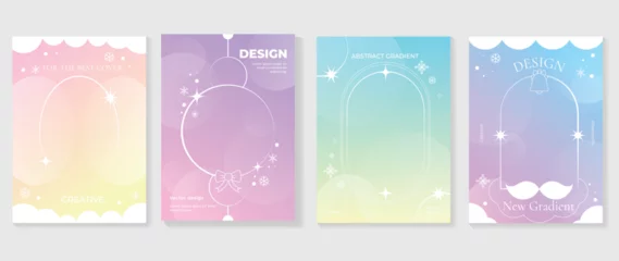 Fotobehang Merry christmas concept posters set. Cute gradient holographic background vector with pastel color, snowfall, santa, bell. Art trendy wallpaper design for social media, card, banner, flyer, brochure. © TWINS DESIGN STUDIO