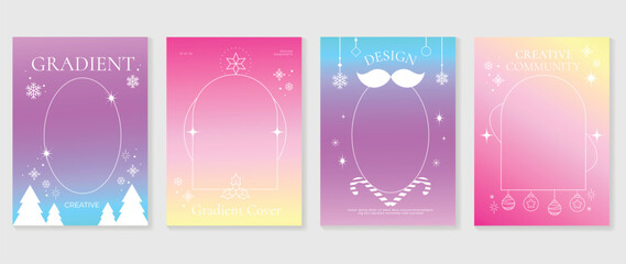 Merry christmas concept posters set. Cute gradient holographic background vector with vibrant color, snowfall, candy cane, pine. Art trendy wallpaper design for social media, card, banner, flyer.