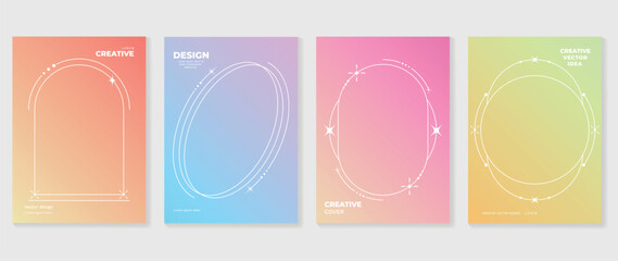 Merry christmas concept posters set. Cute gradient holographic background vector with pastel color, star, sparkle, border. Art trendy wallpaper design for social media, card, banner, flyer, brochure. - obrazy, fototapety, plakaty