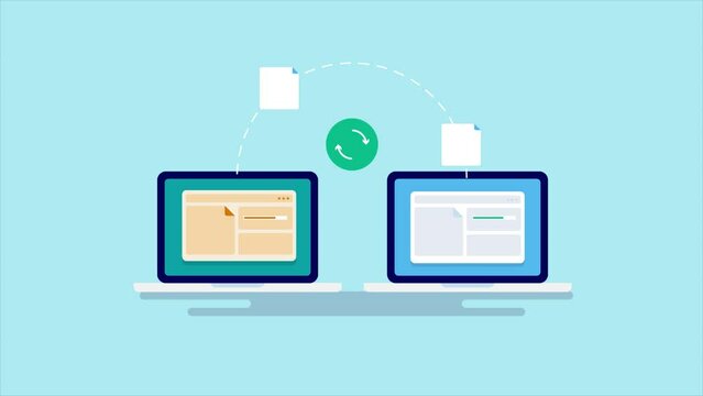 File exchange, information data transfer between two laptops, website migration concept, changing website structure syncing data from web sources, video animation 2d clip.