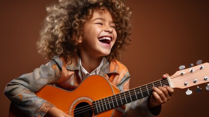 Obraz premium A joyful child playing guitar is isolated on a clean studio background with copy space. Creative banner for children's music school