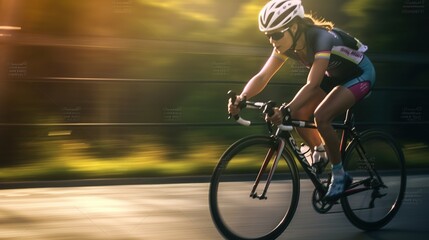 Beautiful young woman in sportswear cycling on the track.