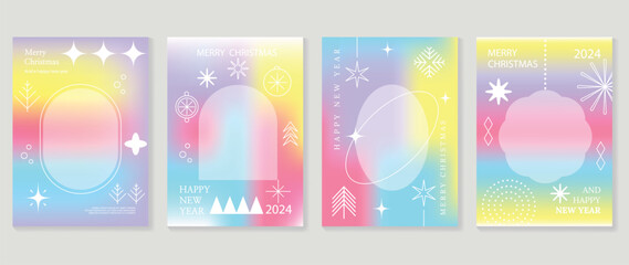 Merry christmas concept poster set. Cute gradient holographic background vector with vibrant color, pine, ball, sparkle, snowflakes. Art trendy wallpaper design for social media, card, banner, flyer. - obrazy, fototapety, plakaty