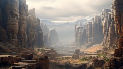 A panoramic view of a vast canyon, with layered rock formations etched by time.