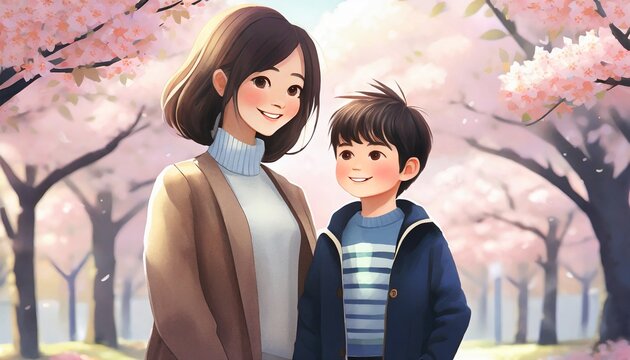 満開の桜の下で楽しそうに笑う親子の絵