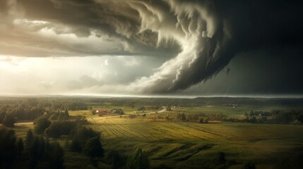 A powerful tornado in the distance, its might evident as it moves over open fields.