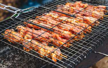The meat is fried on the grill over the coals of the grill