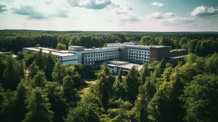 Drone view of hospital building surrounded by trees, image of building with trees, shady building...