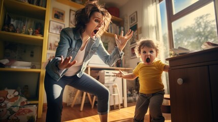 Mother fighting over tablet with her child in the house, family with technology problems, family concept - obrazy, fototapety, plakaty