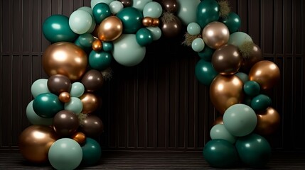 Fototapeta na wymiar stunning autumn arch decor with green, brown, and golden balloons, ideal for weddings, baptisms, and birthday parties – photo wall decoration and celebration space