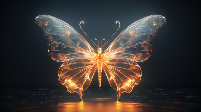 3d rendering of butterfly with glowing wings on dark background. Art design
