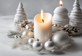 Fototapeta na wymiar Festive Candle and Ornaments, Cozy Christmas Atmosphere