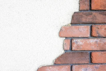 Foto op Canvas Background image of white wall with brown bricks © shibadog