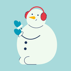 Cute snowman with mittens and fur ears. Winter Snowball man. Outdoor activity. Vector illustration
