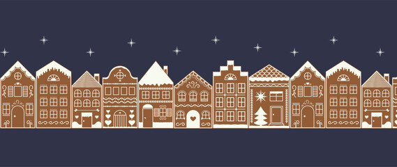 Night Cityscape Gingerbread Village seamless border. City houses street with stars pattern. Winter holiday Landscape. Vector illustration