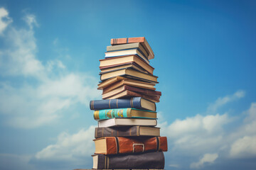 Concept education, books stacked on the table and sky background, Generative AI.