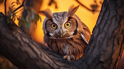 A regal owl perched high in a tree, its amber eyes fixed on the camera.