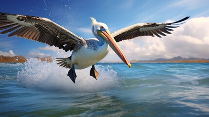 Fototapeta na wymiar A regal pelican skimming the surface of the ocean, moments before a graceful landing.