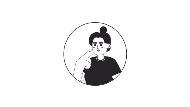 Top knot bun latina woman stroking chin black and white 2D avatar animation. Hispanic girl thinking hard outline cartoon 4K video, alpha channel. Choice making. Hand gesture animated portrait isolated