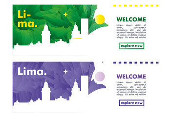 Lima city banner pack with abstract skyline, cityscape, landmark and attraction. Peru horizontal travel vector illustration layout set for website, page, presentation, header, footer