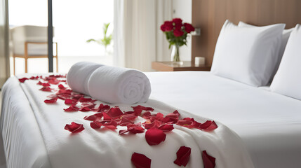 Romantic hotel bedroom setting with a pristine white towel and a vibrant red rose accompanied by...