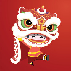 Lion dance. Cute performing traditional lion dance cartoon illustration.