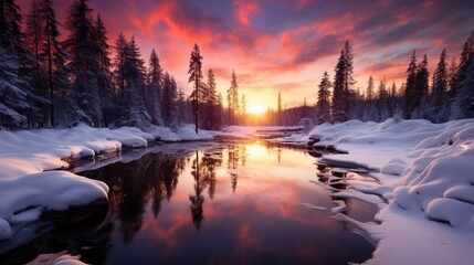 A serene winter landscape, untouched snow reflecting the colors of a setting sun.